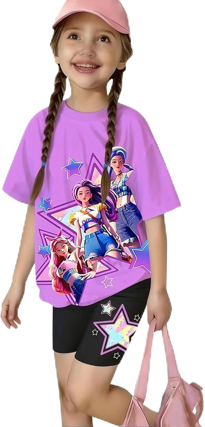 K-POP DEM0N Hunters Outfits for Girls, 2 Piece T-Shirts and Apparel Sets Birthday Gift