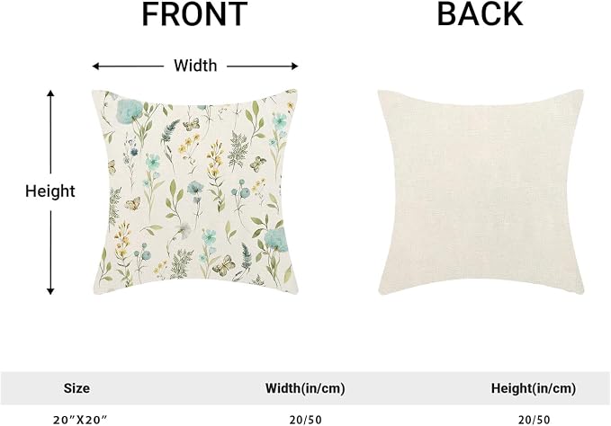 Spring Pillow Covers 20x20 Inch Set of 2, Aqua Teal Sage Green Wild Flower Throw Pillows Case,Colorful Seasonal Floral Plant Outdoor Decorative Farmhouse Decor Cushion Covers for Sofa Bed Couch