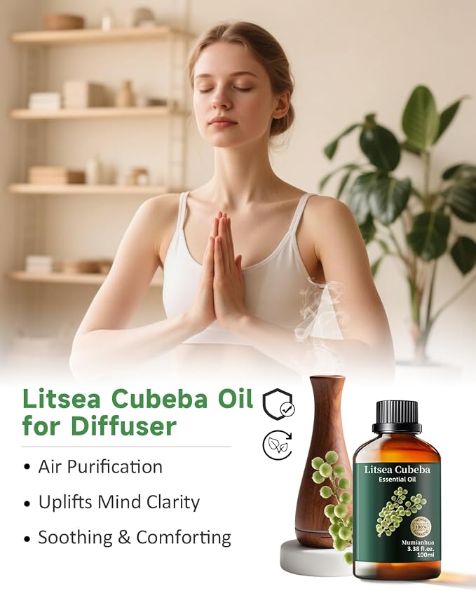 Litsea Cubeba Essential Oil, Fresh Scent, Diffuser, Skin & DIY, 3.38 Fl Oz | Mumianhua May Chang Oil, Bright, Lemony Aroma. For Diffuser, Oily Skin, Hair, DIY Spray & Candle Making