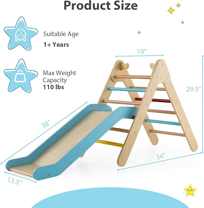 OLAKIDS Pikler Triangle Set 2 in 1 Climbing Toys for Toddlers Foldable Wood Montessori Baby Jungle Gym with Ladder Ramp Slide Kids Indoor Playground Activity Play Structure