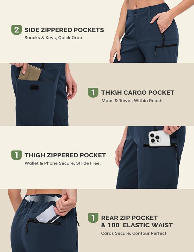 Cycorld Women's-Hiking-Pants-Convertible Quick-Dry-Stretch-Lightweight Zip-Off Outdoor Pants with 5 Deep Pockets