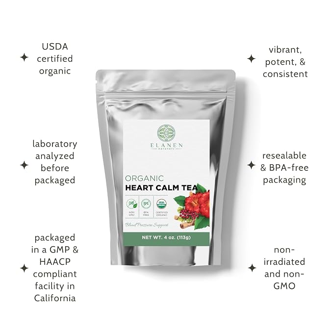 Organic Heart Calm Tea 4 oz. (113g), Blood Pressure Tea to Maintain Healthy Pressure, Circulation Balance, Delicious Tasting, USDA Certified Organic, Cut & Sifted