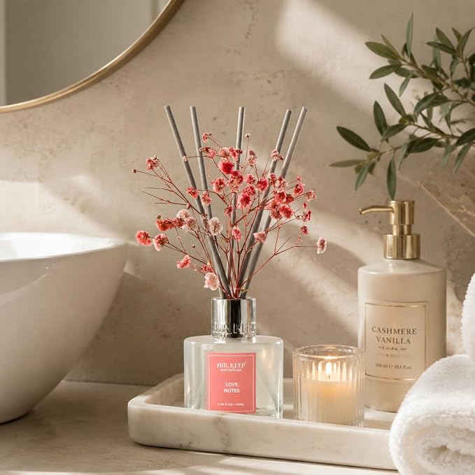 Airkeep Reed Diffuser Set,3.38 fl oz (100 ml) - Love Notes Oil Diffusers with 8 Reed Sticks, Home Fragrance Reed Diffuser for Bathroom Shelf Decor