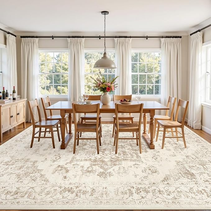 3x5 Area Rugs for Living Room: Vintage Boho Neutral Washable Rug Indoor Soft Large Area Rug Carpet for Bedroom Nursery Farmhouse Dining Room Office Floor Non-Slip Low Pile Under Table Rug Beige/Ivory