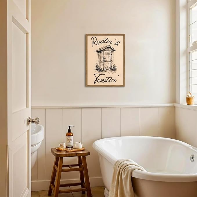 Cute Western Bathroom Wall Art Vintage Southwest Rustic Restroom Wall Decor Painting, Western Cowboy Ranch Toilet Rootin Tootin Poster Canvas Print Picture 16x24 inch Wood Framed