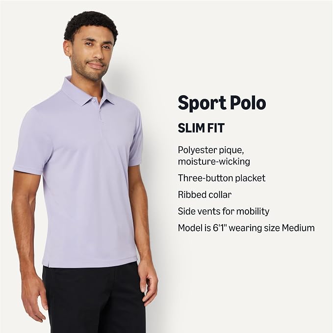 Amazon Essentials Men's Moisture Wicking Golf Polo Shirt, Short Sleeve, Slim-Fit, Quick-Dry, Active Wear
