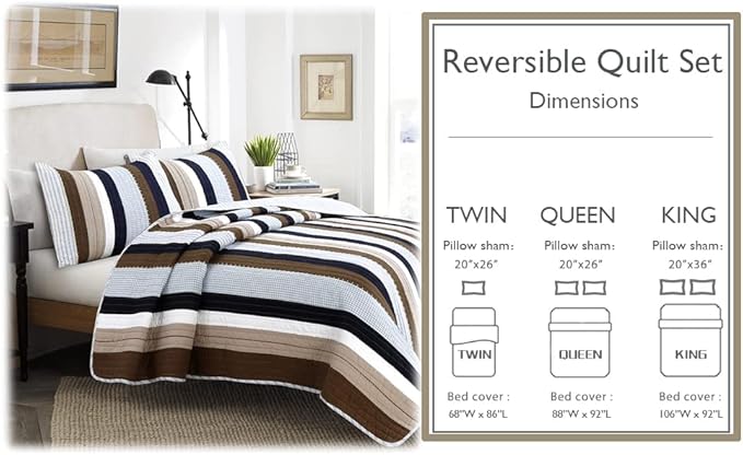 Cozy Line Home Fashions Sailor Navy Blue Star Striped Print Cotton Reversible Bedding Quilt Set (Nathan Stripe, Twin)