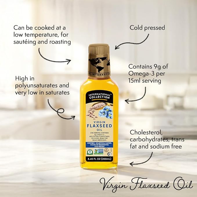 International Collection Virgin Flaxseed Oil, 8.45 fl oz (Pack of 1) | Expertly Sourced, Quality Oils | NonGMO Project Certified, No Artificial Flavors, Gluten Free, Vegan, Kosher & Halal Approved