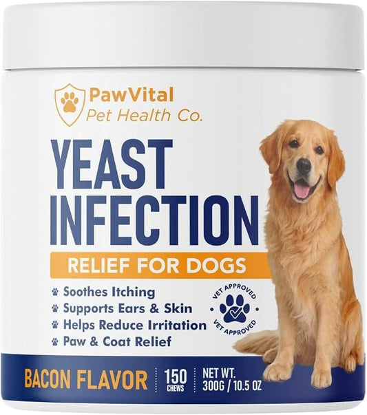 Natural Yeast Infection Treatment for Dogs, 150 Chews – Anti Yeast Support for Itchy Skin & Ears – Helps Reduce Irritation & Paw Licking – Probiotic + Herbal Blend – Bacon Flavored Soft Chews