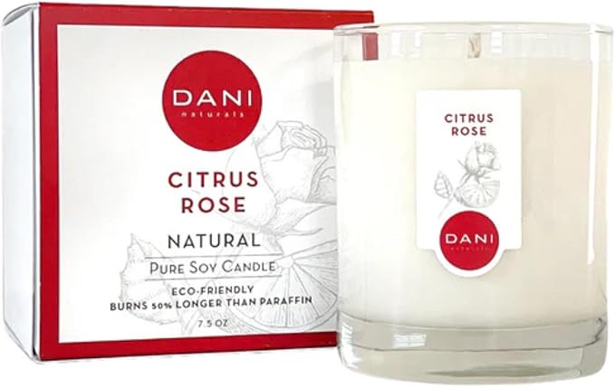 DANI Naturals Citrus Rose 100% Soy Wax Candle, Non-Toxic, 7.5oz | Vegan,soy wax candle,Clean-burning with organic cotton wick,Bright citrus rose scent,Made in USA