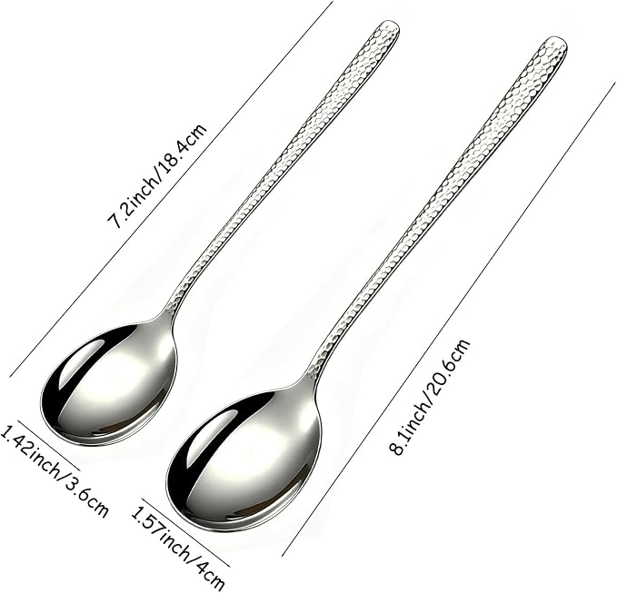 Set of 6 Spoons, 8.1 Inch Korean Spoons with Long Handles, Stainless Steel Soup Spoons for Home, Kitchen & Restaurant,Hammered Design Dishwasher Safe (8.1inch)