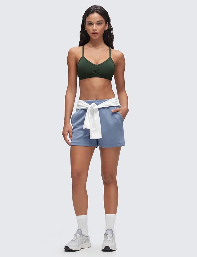 CRZ YOGA Butterluxe Ruched Sports Bras for Women - V Neck Spaghetti Thin Strap Y Back Wireless Padded Yoga Crop Top