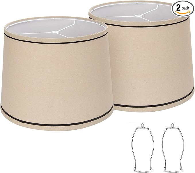 Drum Lampshades Set of 2, 11.6" x 12.6" x 9.8" Medium, Beige with Black Rim | Lampshades for Table Lamps, Natural Linen Lampshades for Floor Lamps Wall Lamps, Spider, Harp Holders Inculded, Easy Assembly