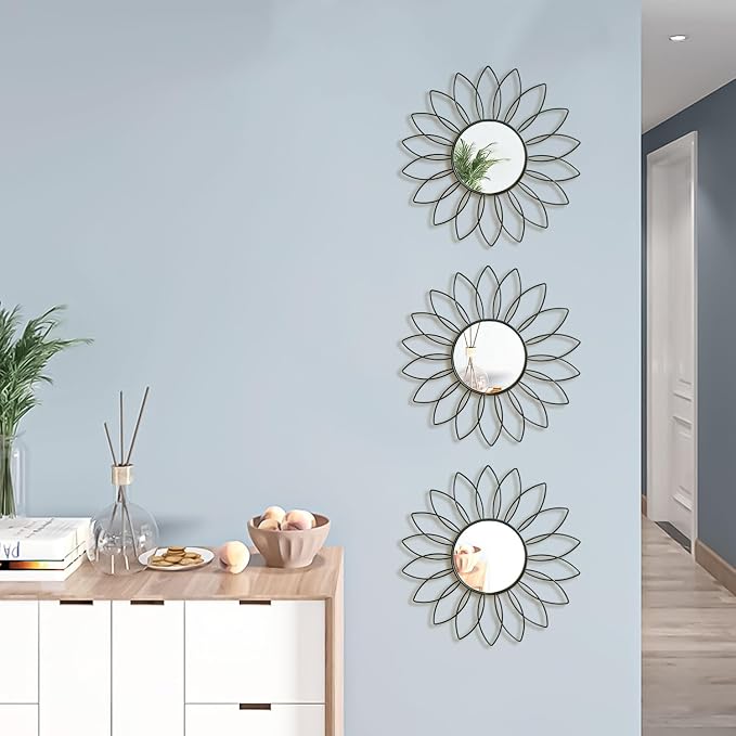 3 Pack Metal Mirrors for Wall Sunburst Wall Mirrors Home Décor Decorative Hanging Wall Art for Living Room Bedroom Entryway (Black2, Flowers)