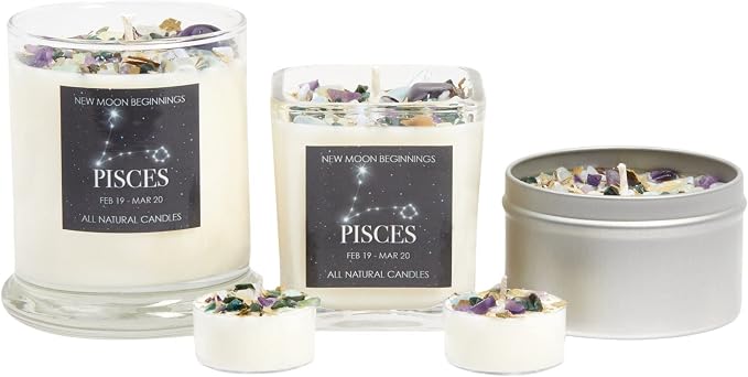 Pisces Zodiac Candle (Feb. 19 - Mar. 20) -Soy Candle - All Natural Aromatherapy Candle - Pisces Horoscope Candle - Crystal Candles - Set of 6 Tealights