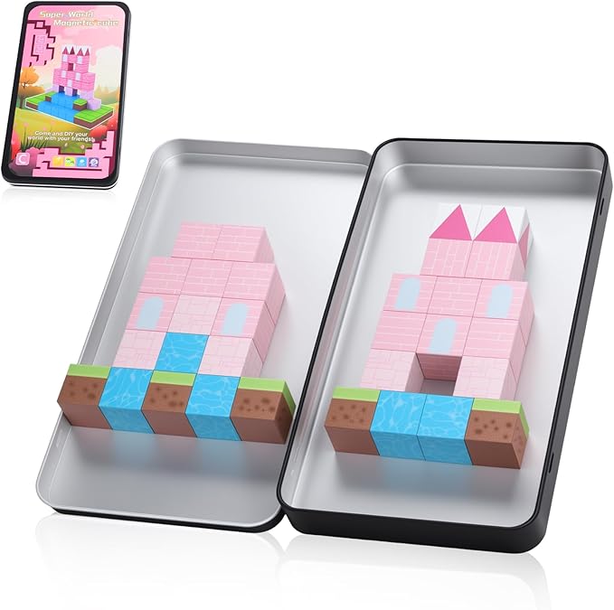 Mini Portable Magnetic Blocks with Iron Storage Box - Travel Magnet Building Block for Toddler 1-3, STEM ConstructionToys for Kids Ages 4-8, Educational Learning Toy Gift for Girls -Castle