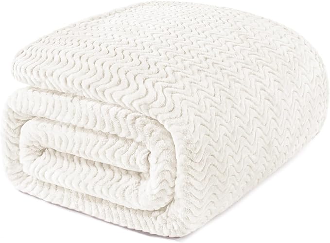 Exclusivo Mezcla Soft Fleece Blanket Queen Size for Bed, Sofa, Ivory | 90"x90" Breathable Lightweight Flannel Blanket for Summer, Plush Cozy Jacquard Wave for Home Decor