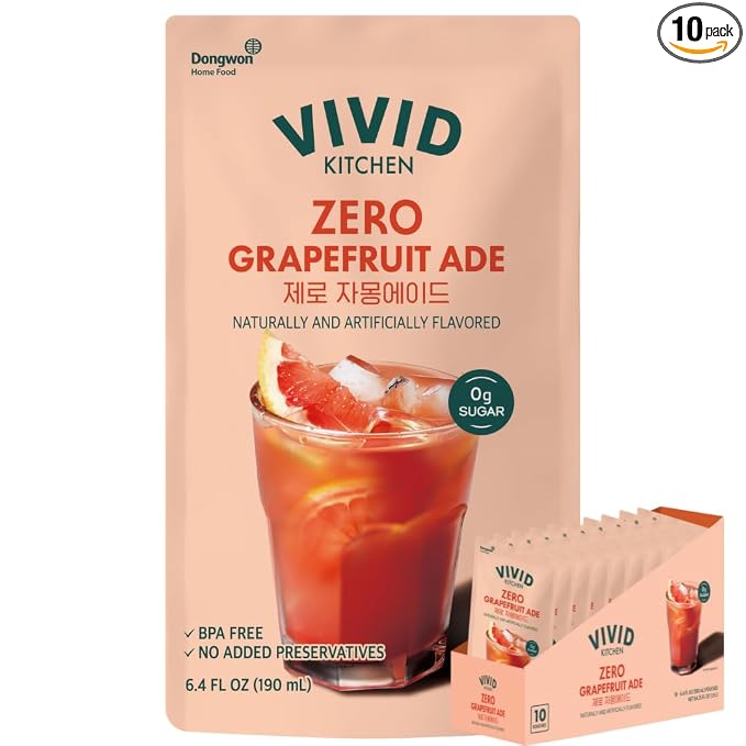 VIVID KITCHEN Korean Grape Ade – Grapefruit Flavor – Zero Sugar, Zero Calories – 6.4 fl oz (10 Pouches) – No Corn Syrup or Preservatives – Refreshing Korean Drink for Healthy, On-the-Go Hydration