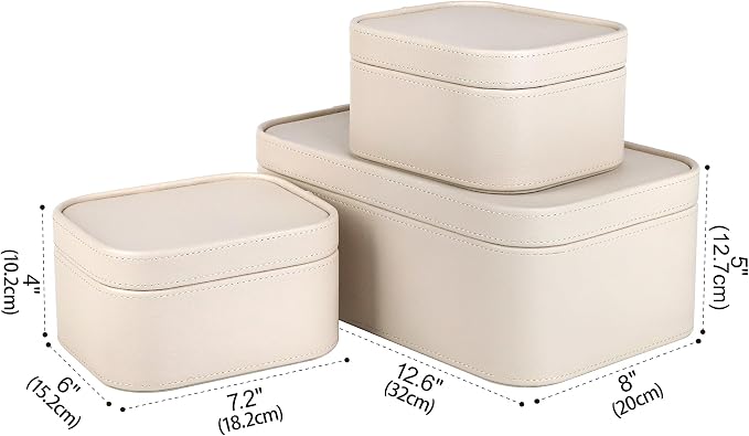 HofferRuffer Faux Leather Decorative Storage Boxes, Dust proof Storage Shelf Baskets with Lids Trays, Storage Bins Memory Box Organizer for Home, Office, Jewelry & More, Set of 3 (CreamWhite)
