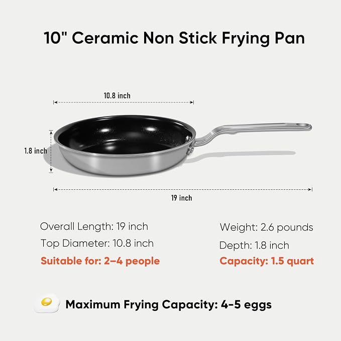 10 Inch 5-Ply Ceramic Non Stick Frying Pan | PTFE/PFOA/PFAS-Free, Easy to Clean, Induction Ready, Oven Safe up to 650°F, Even Heat, For Couples or Small Families