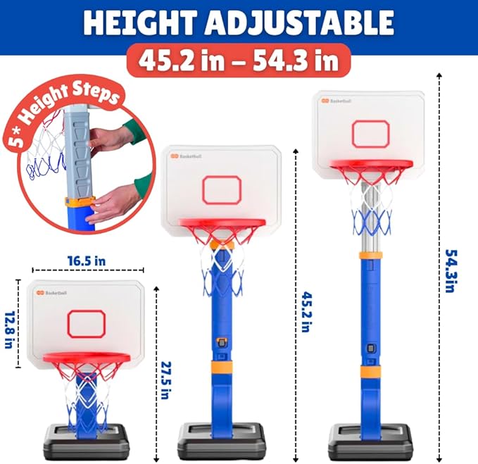 Toddler Basketball Hoop Adjustable for Kids – Indoor & Outdoor Basketball Hoop for Toddlers 1-3 with 4 Mini Basketballs, Pump, Wristband, Patches & Stable Base, Height Adjustable 2.5–5.5 Ft