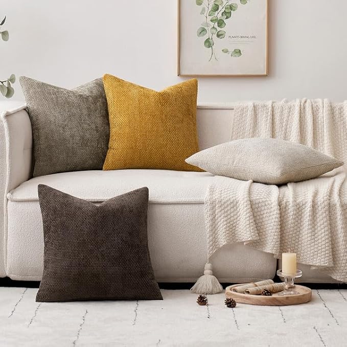 MIULEE Decorative Chenille Fall Pillow Covers Gold Brown 16x16 Pack of 4 | Rustic Home Decor, Earth Tones Set, Couch Throw Pillows, Farmhouse Boho Cushion Covers for Sofa Bed Living Room