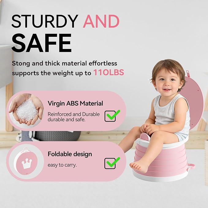 Portable Foldable Toddler Travel Potty - Medium Pink Potty Seat, Emergency Toilet for Car Camping Hiking, Lightweight Potty Chair for Indoor Outdoor Toddler Use (Pink)