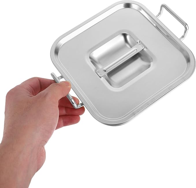 NUOBESTY Stainless Steel Square Snack Basket with Lid and Handles, Food Serving Tray for Fried Chicken, French Fries, Desserts, Party, Buffet, Kitchen (Silver)
