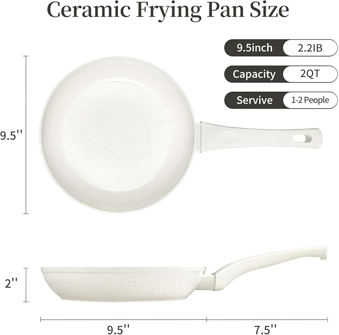 Innerwell 9.5-Inch Nonstick Frying Pan Small Egg Pan Skillet | Even Heating All Stove Compatible, PFOA PFOS Free, Granite Stone Cookware Skillet, Healthy and Non Toxic, Ceramic White