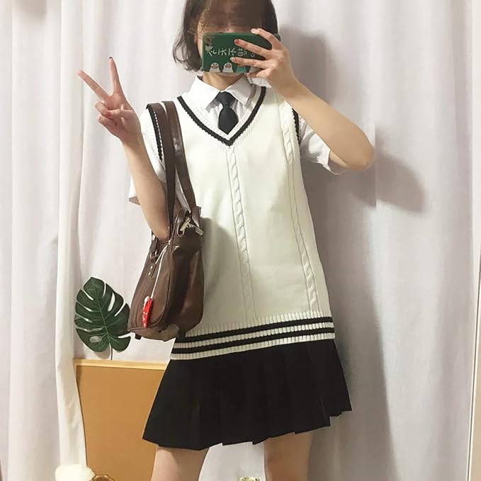 jinghuiyue Women’s V Neck Sweater Vest School Uniform Solid Color Sleeveless Knit Sweaters Pullover Tank Tops