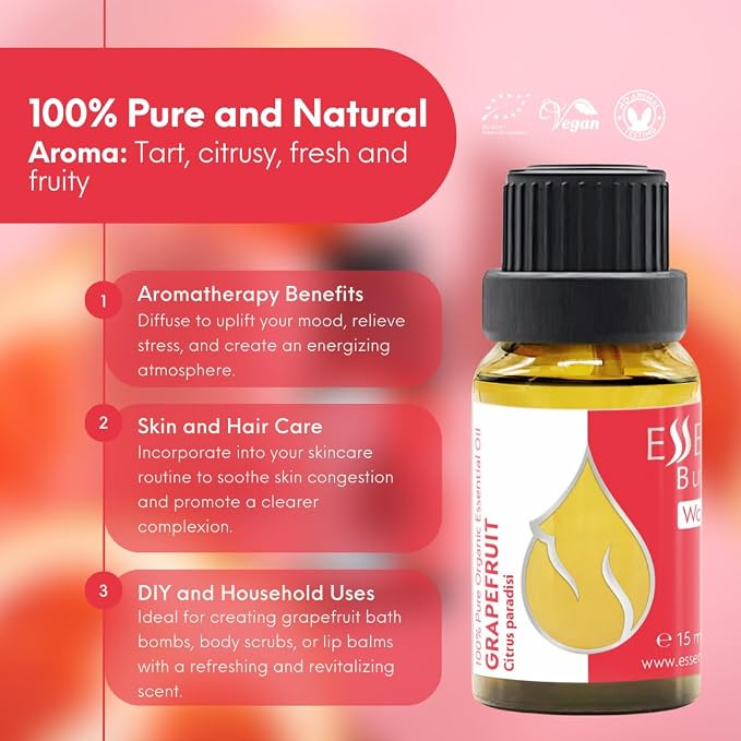 Essences Bulgaria Organic Grapefruit Essential Oil 0.51 Fl Oz 15ml Citrus paradisi 100% Pure Natural Undiluted Therapeutic Grade for Home Aromatherapy Home Diffuser Humidifier Hot Tub and Massage Oil