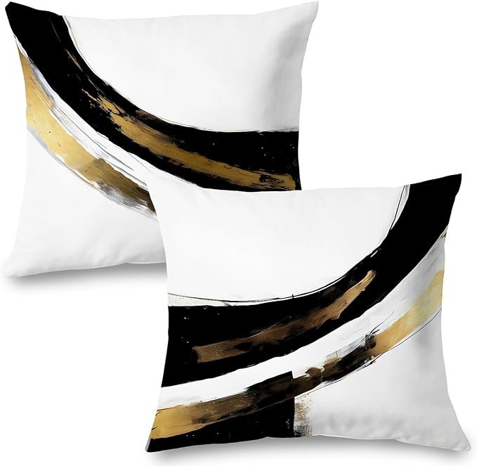 Black White Gold Pillow Covers, Abstract White Black and Gold Pillow Covers 18x18 Set of 2, Modern Black and White Pillow Covers for Couch Bed Living Room
