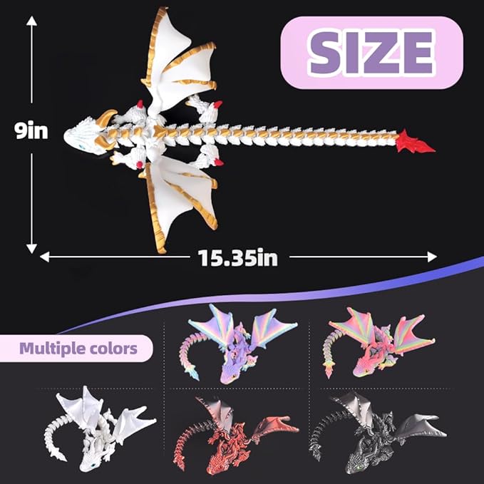 3D Printed Dragon with Wings,3D Printed Animals Toys, Fidget Dragon Toys, Flexible Articulated Winged Crystal Dragon Model,Desktop Pet Deco (White-Gold)