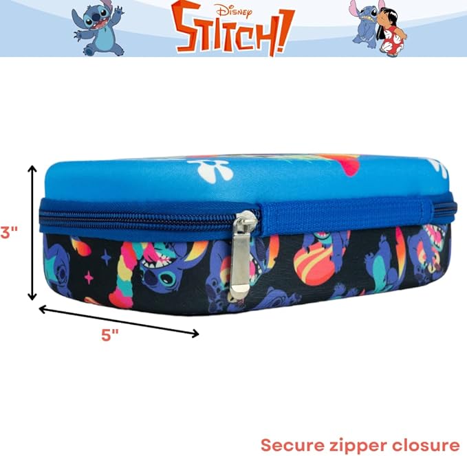 Innovative Designs Disney Stitch Pencil Case Set with Stickers and Gel Pens for Kids, Molded with Zip Closure, Blue