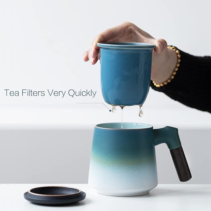 ZENS Tea Cup With Infuser and Lid, 12oz Gradient Blue Mug for Loose Leaf Steeper, Wood Handle With Fine Mesh Strainer, Hot Tea Diffuser Accessories for Tea Lovers Gifts
