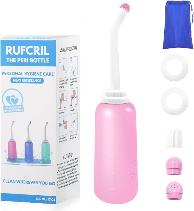 Peri Bottle Postpartum, RUFCRIL 500ml Portable Bidet, Upside Down Perineal Wash Bottle, Boilable TPE, Travel Bag, for Perineal Care, Hemorrhoid Care, Feminine Cleansing & Baby (Pink)