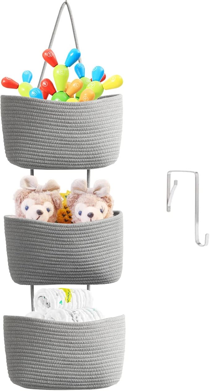 TeoKJ Over the Door Hanging Basket, 3-Tier Woven Cotton Wall-Mounted Storage Organizer Bag Decorative Hanging Nursery Baskets, Gray