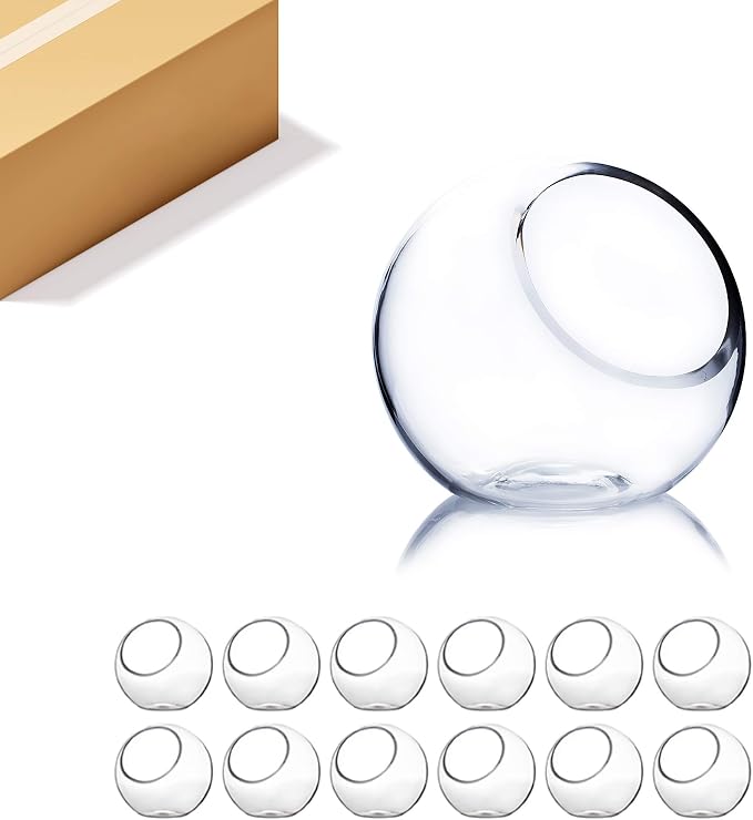 WGV Slant Cut Bowl Glass Vase Bulk, Width 5.5", Height 5.5", Clear Round Globe Planter Terrarium Orb, Candy Dish, Fruit Jar, Floral Container for Home Office Decor, 12 Pieces