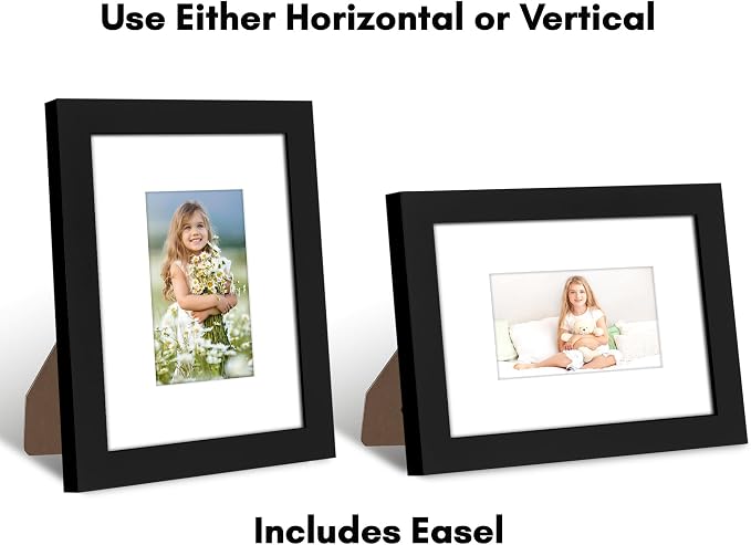 Americanflat 6x8 Picture Frame - Matted to 3x5 - Engineered Wood - Black | Shatter-resistant glass, wall or tabletop display with included easel, sawtooth hangers included, use with or without mat