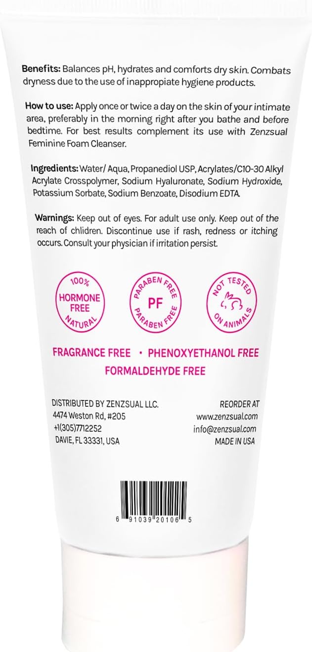 ZENZSUAL Feminine Moisturizing Gel, 1oz Travel Size – 100% Vegan, Paraben Free, Gentle Daily Care – pH Balanced Formula with Hyaluronic Acid – Intimate Dryness Relief and Hydrating Support for Women