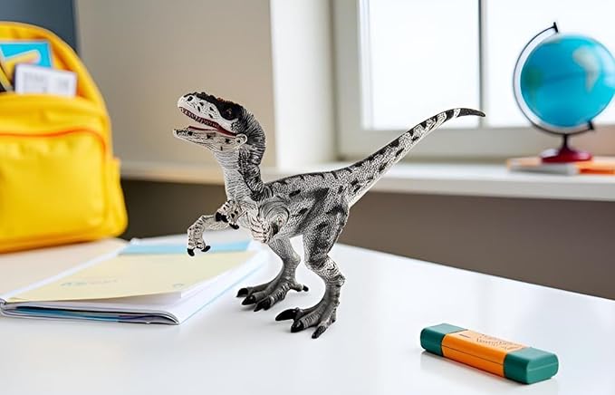 Dinosaur Toy Velociraptor Figurine with Moving Jaw and Hands,Detail Raptor Action Figure Toy Gift and Dinos World Collection Toys for Birthday Gift,Kids Toys,Party Favor(Grey)