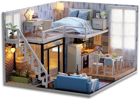 CUTEROOM DIY Miniature Dollhouse Kit with Furniture,Wooden Doll House Plus Music Movement & LED Lights, DIY House Kit for Christmas Birthday- Blue Times