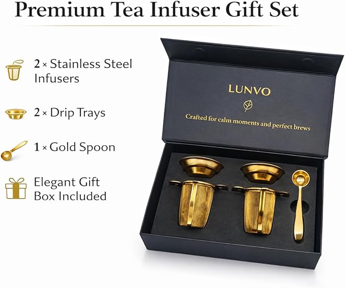 Tea Infuser Set (2 Pack) – Gold Stainless Steel Loose Leaf Tea Strainers with Drip Trays & Scoop – Gift Box for Tea Lovers