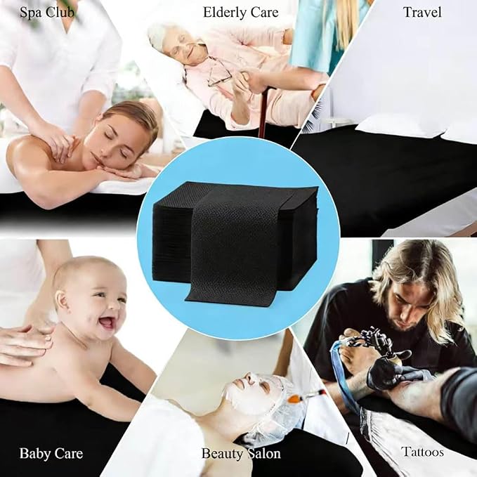 50Pcs Disposable Bed Sheets 31.5"x71" Coated Non-Woven Massage Table Sheets, Waterproof & Oil-Proof, Hygienic & Comfortable for Massage, Tattoo, Beauty, Spa, Breathable & Durable (Black)