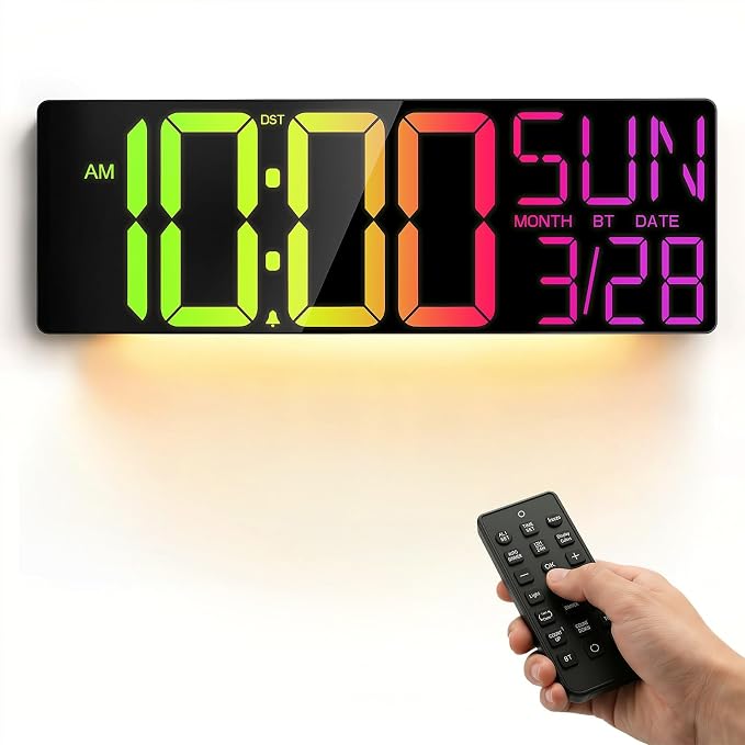 JALL 17.98" Large Digital Wall Clock with RGB Lights & Remote, Digital Clock with Bluetooth Sync & DST, Wall Clock with Temperature & Seconds Display, Clocks for Living Room, Seniors