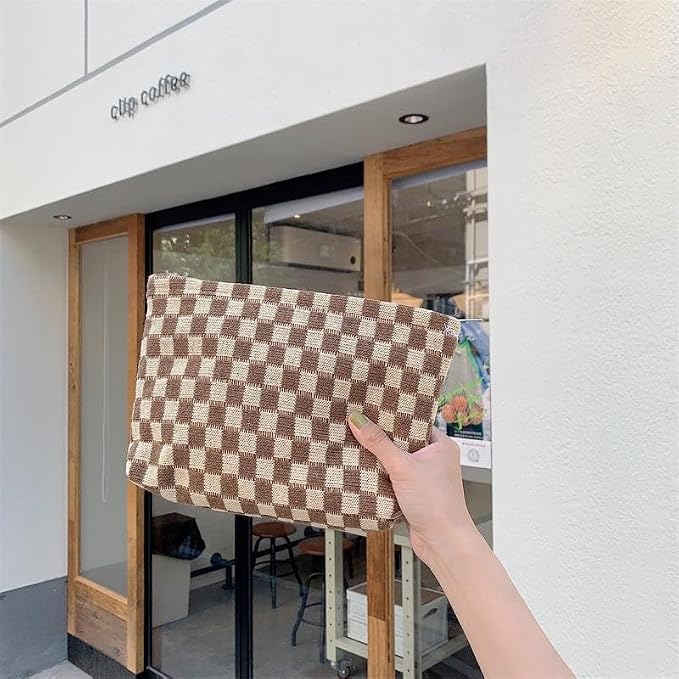 PAZIMIIK Knitted Checkered Makeup Bag Large Zipper Make Up Accessory Pouch for Purse Cosmetic Brush Bag for Travel Essential,Coffee