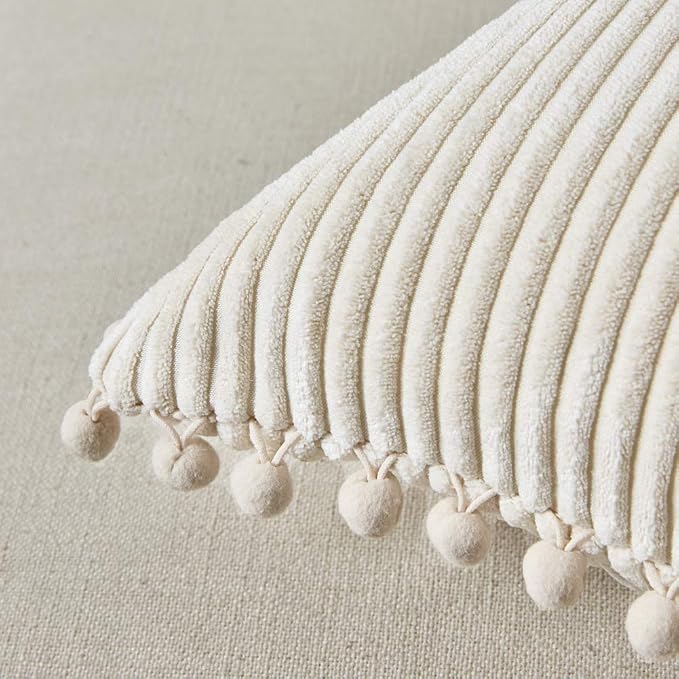 Fancy Homi Pack of 2 Corduroy Soft Decorative Throw Pillow Covers with Pom-poms, Solid Square Cushion Case Pillow Cases Set for Couch Sofa Bedroom Car Living Room (24x24 Inch/60x60 cm, Cream)