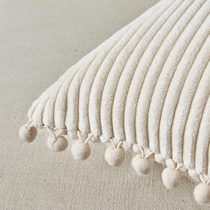 Fancy Homi Pack of 2 Boho Decorative Throw Pillow Covers with Pom-poms, Soft Corduroy Accent Solid Square Cushion Case Set for Couch Sofa Bedroom Car Living Room (16x16 Inch/40x40 cm, Cream)