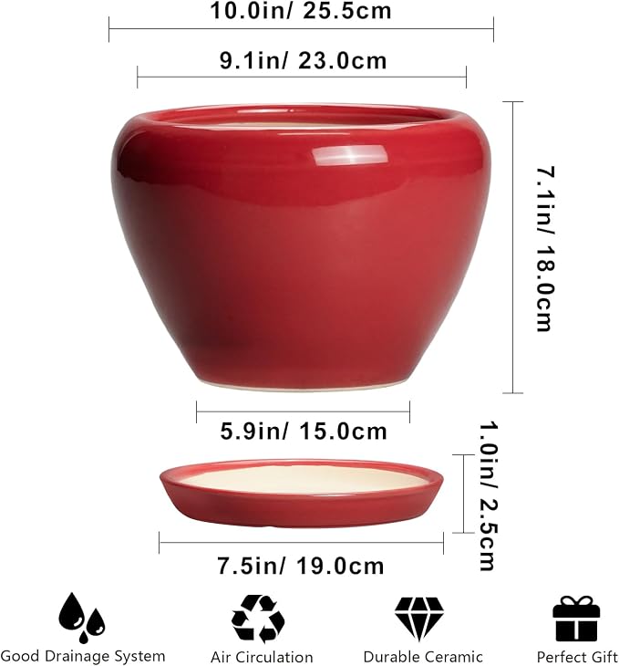 Ceramicfor 10 Inch Plant Pot - Ceramic Planter for Indoor Outdoor Plants, Glaze Modern Round Planter with Drainage Hole and Saucer, Gifts for Plant Lovers, Home Room Garden Decor, Red