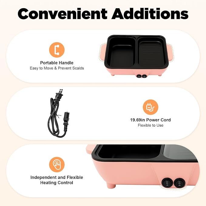 Electric Hot Pot with Grill 2 in 1 Korean BBQ Grill Indoor Cooking Electric Shabu Shabu Pot Indoor Smokeless Grill, Non-stick & Independent Dual Temperature Control (Pink+Black)